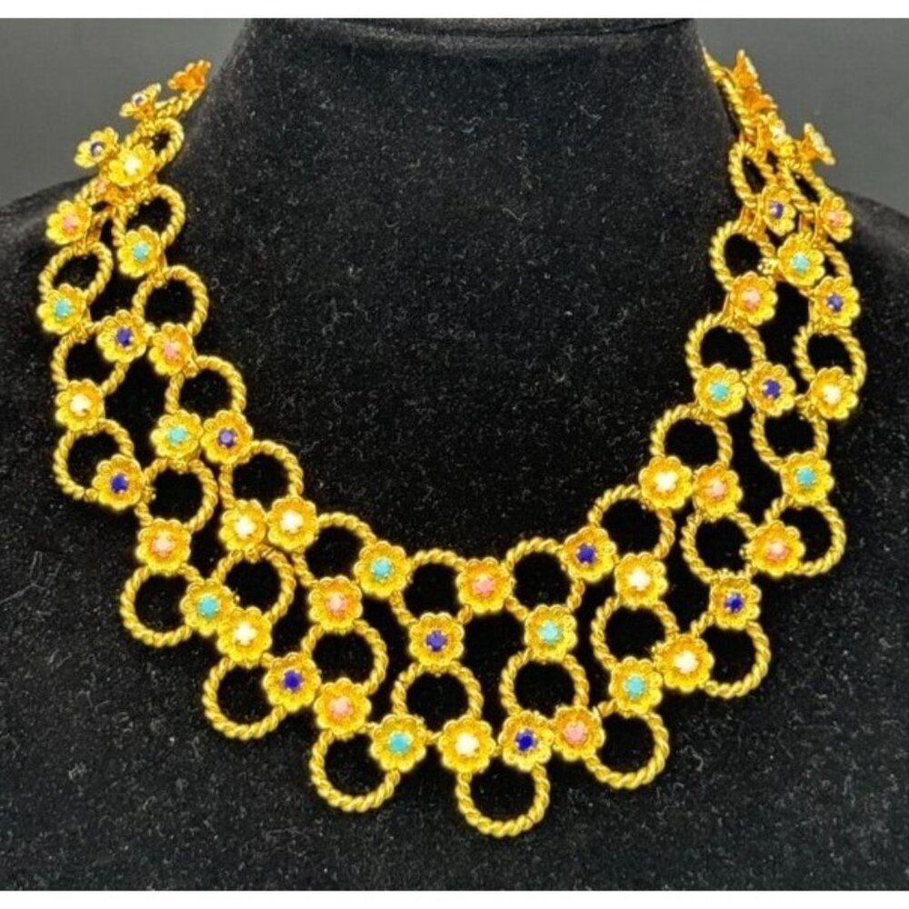 Vintage Gold-Tone Triple Floral Mid Eastern Necklace Multicolor Stones